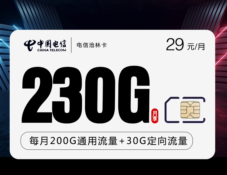 电信沧林卡29元月租200G通用+30G定向+300分钟免费通话，20年长期套餐，支持5G网络